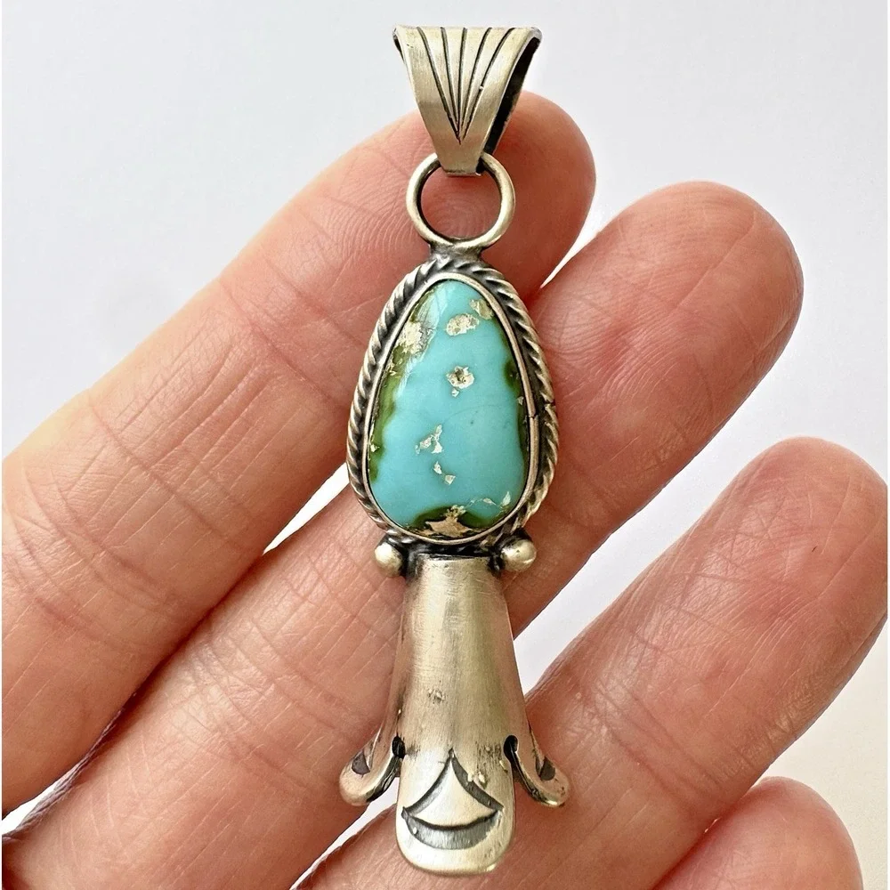 Squash Blossom Pendant Sonoran Gold Turquoise 2in‎ Sterling McCarthy Native Amer